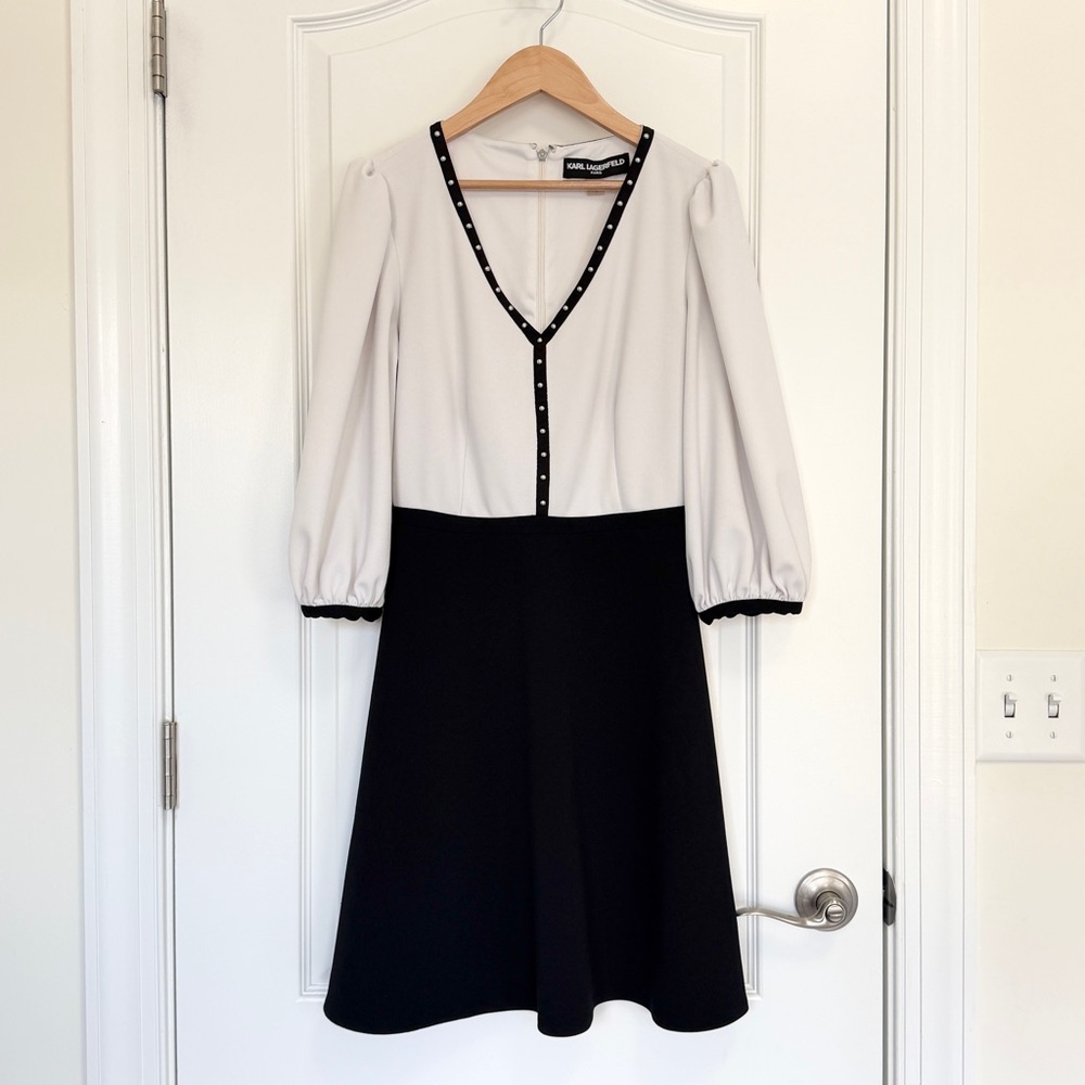 Karl Lagerfeld Black & White V-Neck Quarter Puff Sleeve Colorblock Dress